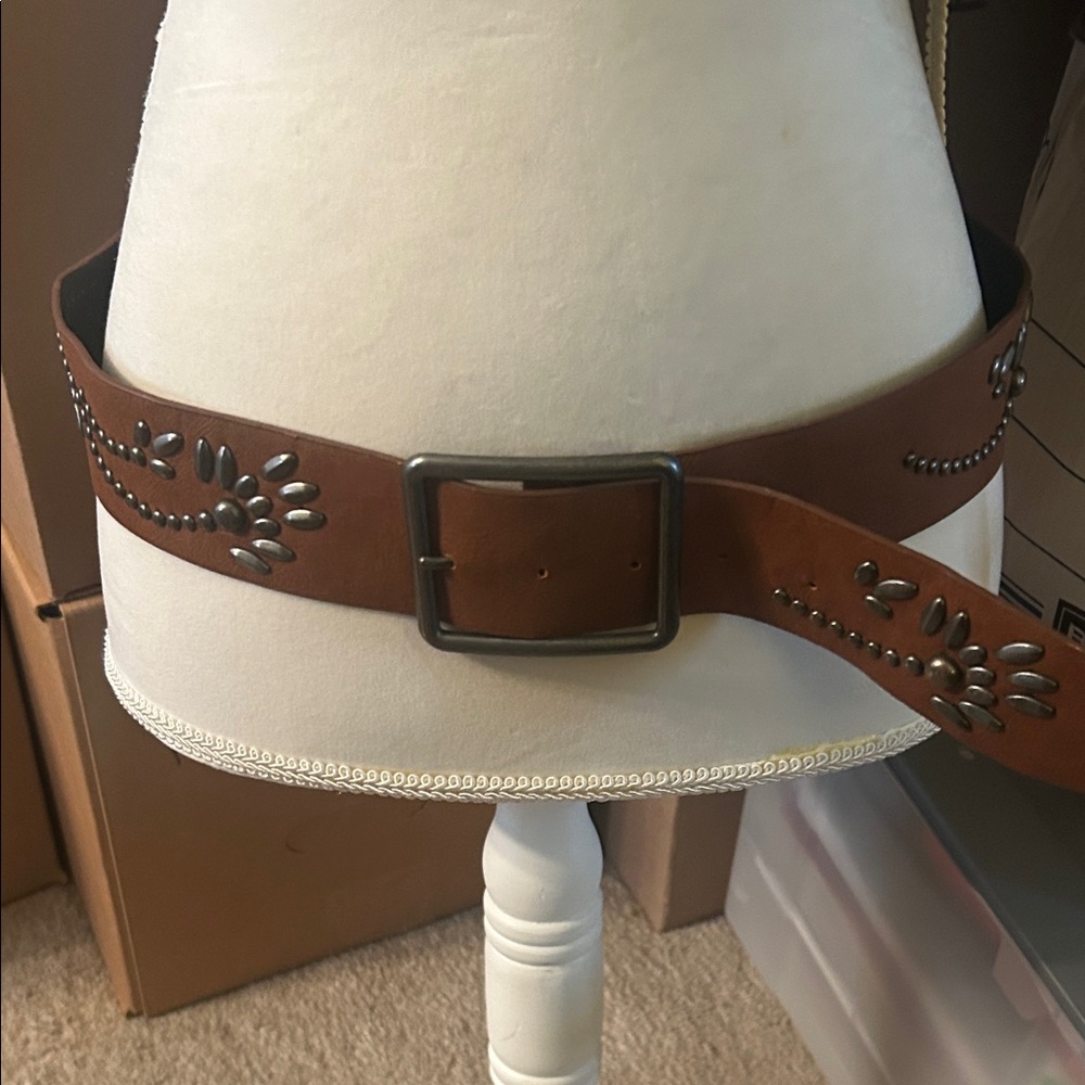 Brown Studded Faux Leather Rustic Belt Rectangular Buckle Western Boho Cowgirl